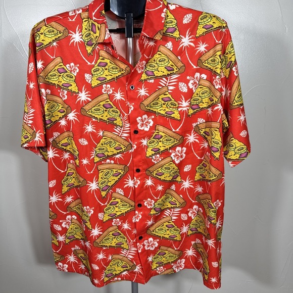 Funny Guy Creation Other - Funny Guy FG Floral Hawaiian Pizza Red Collared Button Down‎ Shirt Men's XL